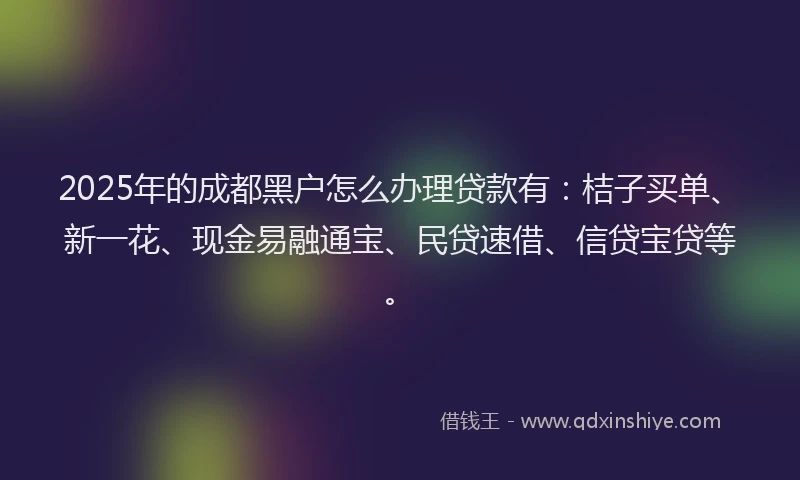 2025年的成都黑户怎么办理贷款有：桔子买单、新一花、现金易融通宝、民贷速借、信贷宝贷等。