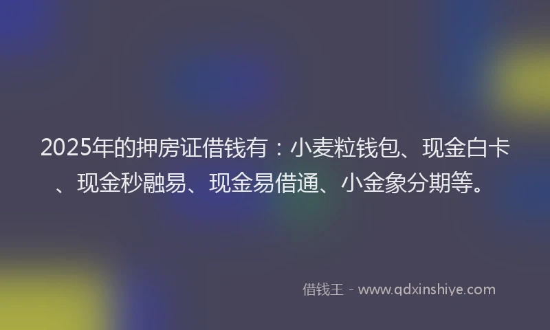 2025年的押房证借钱有：小麦粒钱包、现金白卡、现金秒融易、现金易借通、小金象分期等。
