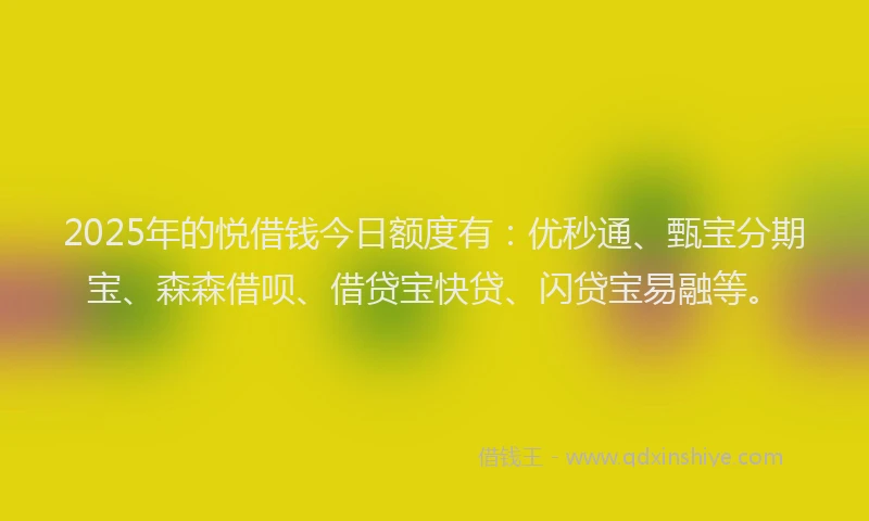 2025年的悦借钱今日额度有：优秒通、甄宝分期宝、森森借呗、借贷宝快贷、闪贷宝易融等。