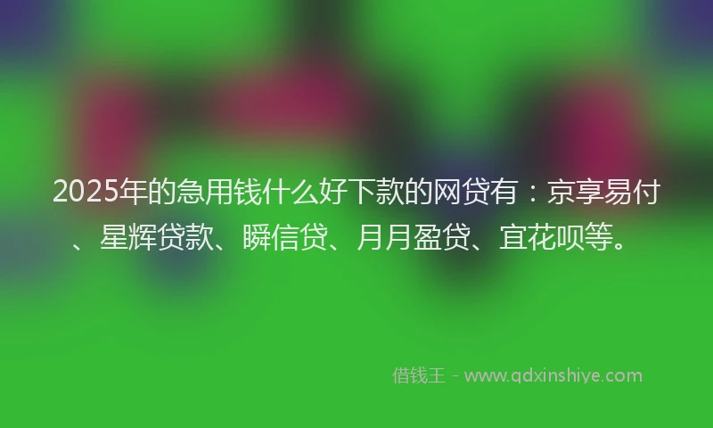 2025年的急用钱什么好下款的网贷有：京享易付、星辉贷款、瞬信贷、月月盈贷、宜花呗等。