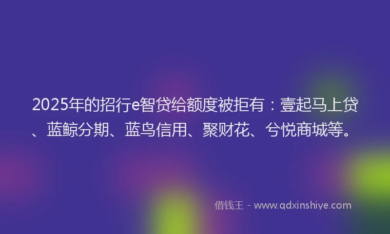 2025年的招行e智贷给额度被拒有：壹起马上贷、蓝鲸分期、蓝鸟信用、聚财花、兮悦商城等。