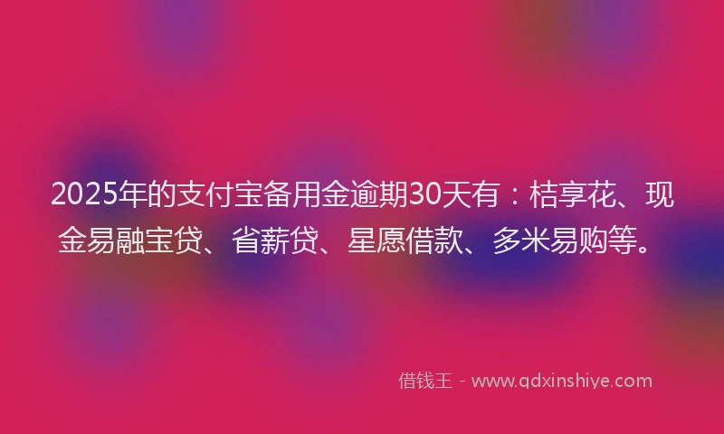 2025年的支付宝备用金逾期30天有：桔享花、现金易融宝贷、省薪贷、星愿借款、多米易购等。