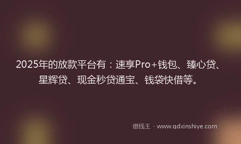 2025年的放款平台有：速享Pro+钱包、臻心贷、星辉贷、现金秒贷通宝、钱袋快借等。