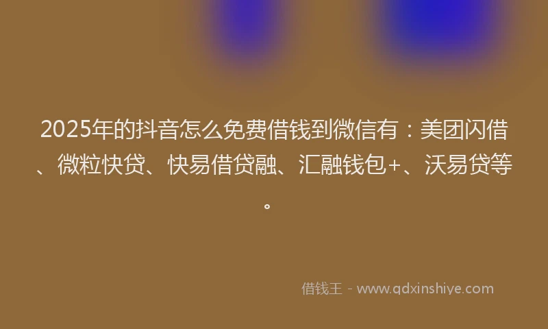 2025年的抖音怎么免费借钱到微信有：美团闪借、微粒快贷、快易借贷融、汇融钱包+、沃易贷等。