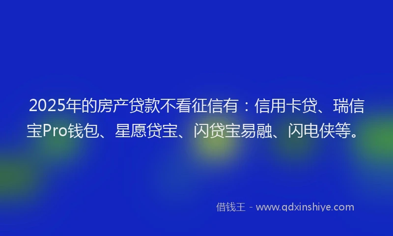 2025年的房产贷款不看征信有：信用卡贷、瑞信宝Pro钱包、星愿贷宝、闪贷宝易融、闪电侠等。
