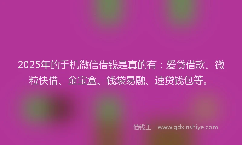 2025年的手机微信借钱是真的有：爱贷借款、微粒快借、金宝盒、钱袋易融、速贷钱包等。