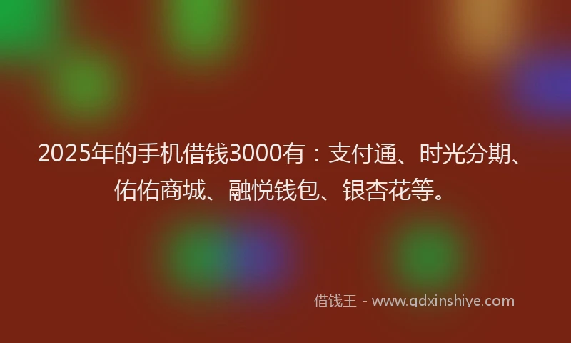 2025年的手机借钱3000有：支付通、时光分期、佑佑商城、融悦钱包、银杏花等。
