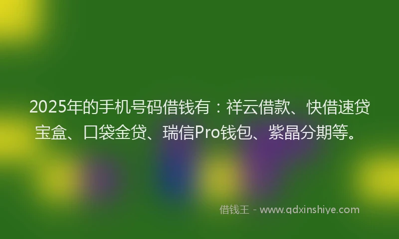 2025年的手机号码借钱有：祥云借款、快借速贷宝盒、口袋金贷、瑞信Pro钱包、紫晶分期等。