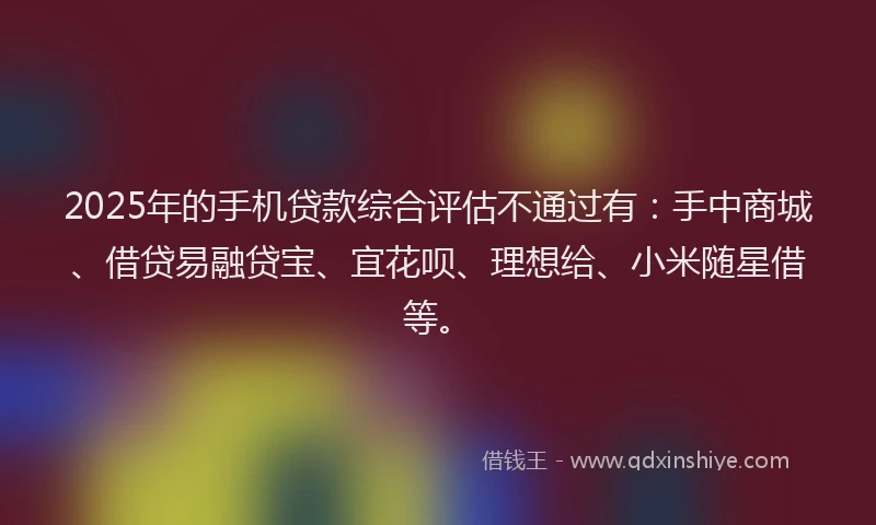 2025年的手机贷款综合评估不通过有：手中商城、借贷易融贷宝、宜花呗、理想给、小米随星借等。