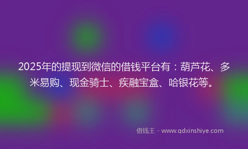 2025年的提现到微信的借钱平台有：葫芦花、多米易购、现金骑士、疾融宝盒、哈银花等。