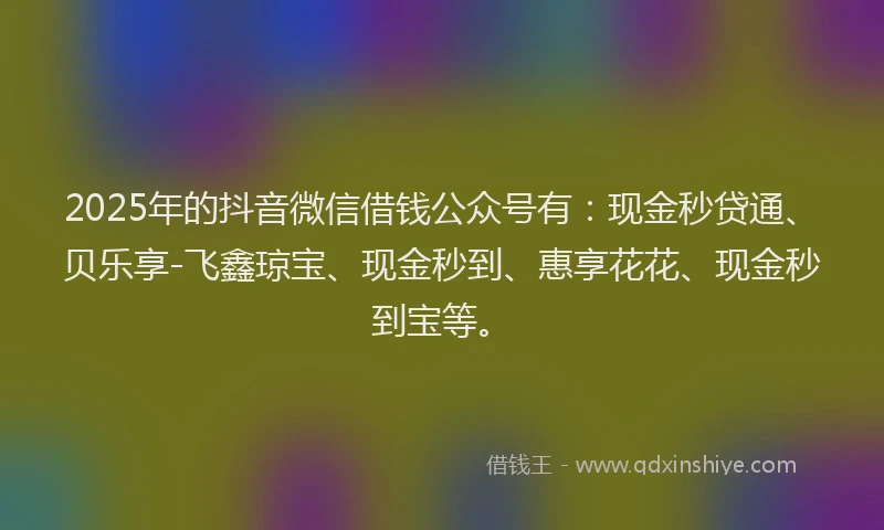2025年的抖音微信借钱公众号有：现金秒贷通、贝乐享-飞鑫琼宝、现金秒到、惠享花花、现金秒到宝等。