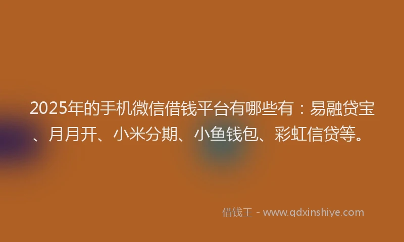 2025年的手机微信借钱平台有哪些有：易融贷宝、月月开、小米分期、小鱼钱包、彩虹信贷等。