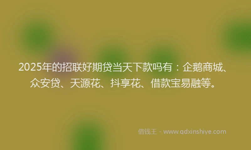 2025年的招联好期贷当天下款吗有：企鹅商城、众安贷、天源花、抖享花、借款宝易融等。