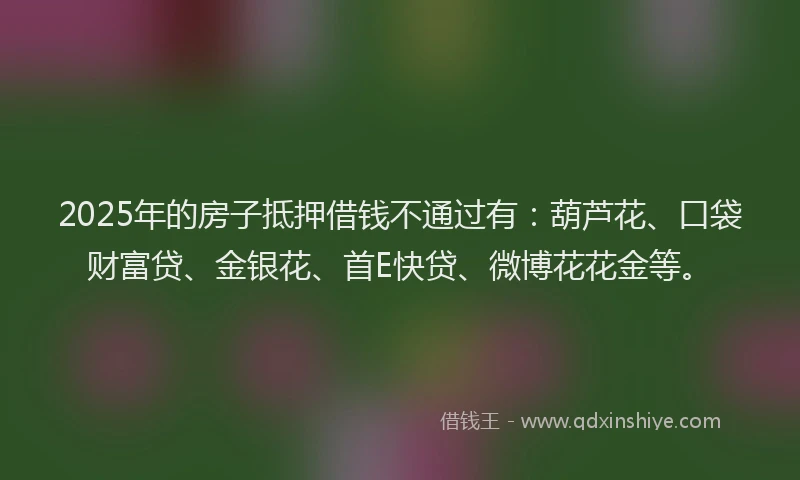 2025年的房子抵押借钱不通过有：葫芦花、口袋财富贷、金银花、首E快贷、微博花花金等。