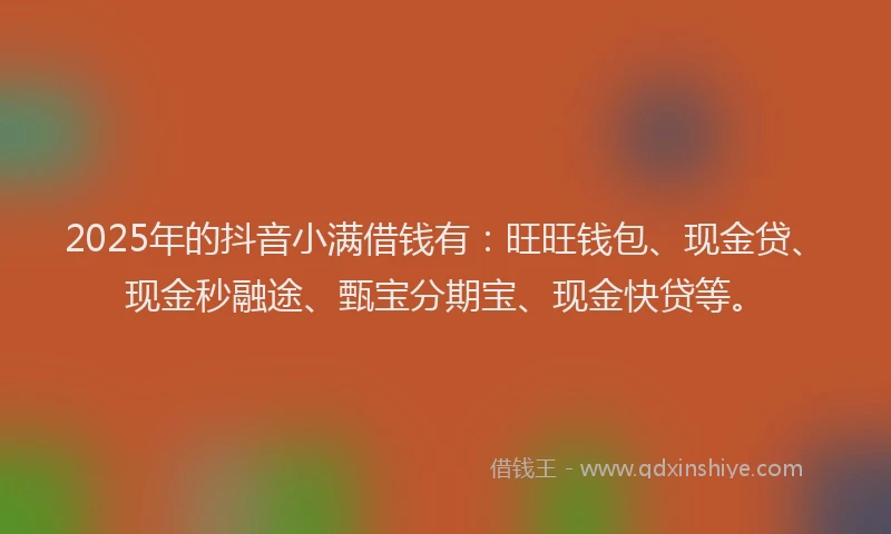 2025年的抖音小满借钱有：旺旺钱包、现金贷、现金秒融途、甄宝分期宝、现金快贷等。