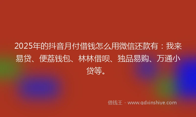 2025年的抖音月付借钱怎么用微信还款有：我来易贷、便荔钱包、林林借呗、独品易购、万通小贷等。