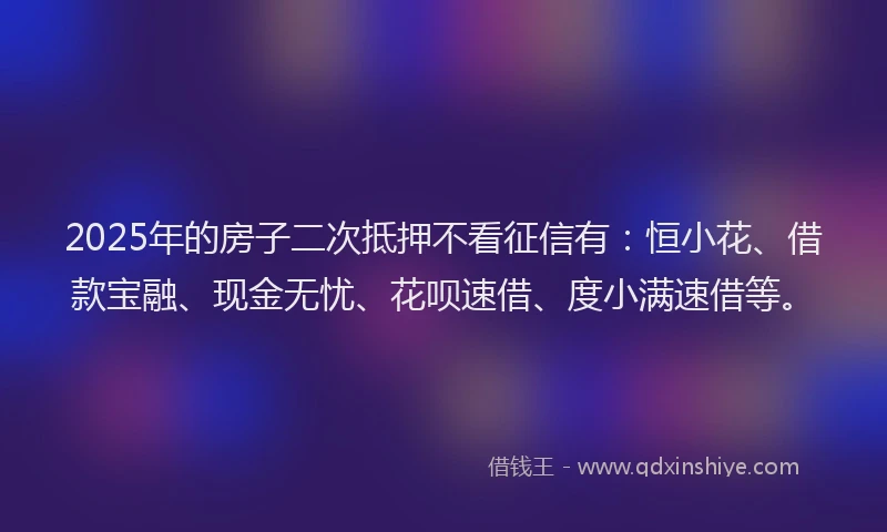 2025年的房子二次抵押不看征信有：恒小花、借款宝融、现金无忧、花呗速借、度小满速借等。