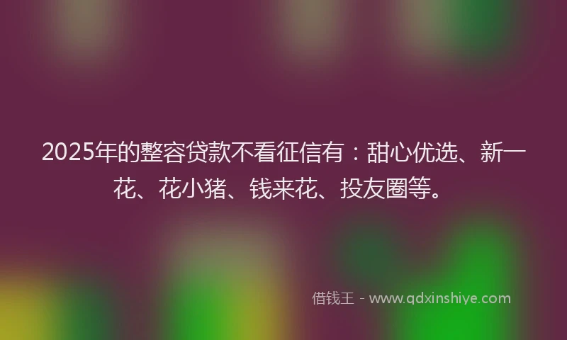2025年的整容贷款不看征信有：甜心优选、新一花、花小猪、钱来花、投友圈等。