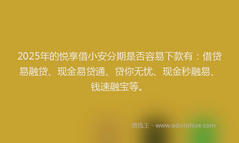 2025年的悦享借小安分期是否容易下款有：借贷易融贷、现金易贷通、贷你无忧、现金秒融易、钱速融宝等。