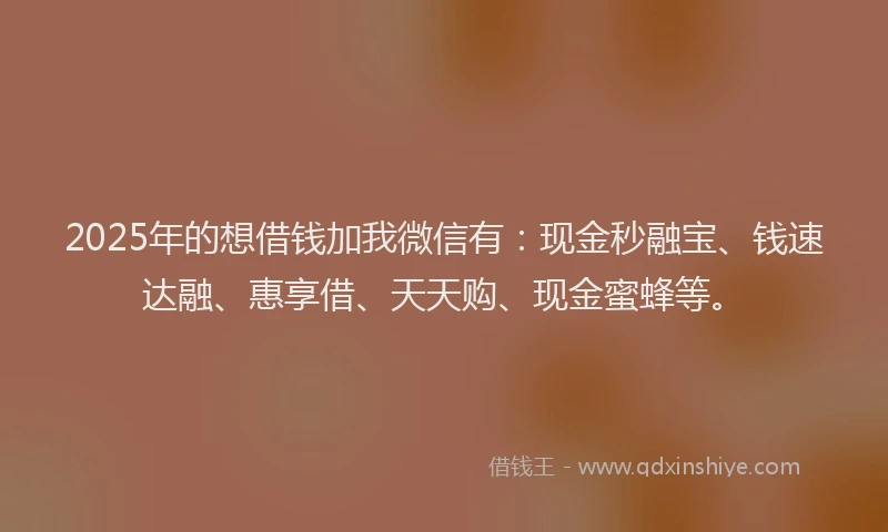 2025年的想借钱加我微信有：现金秒融宝、钱速达融、惠享借、天天购、现金蜜蜂等。