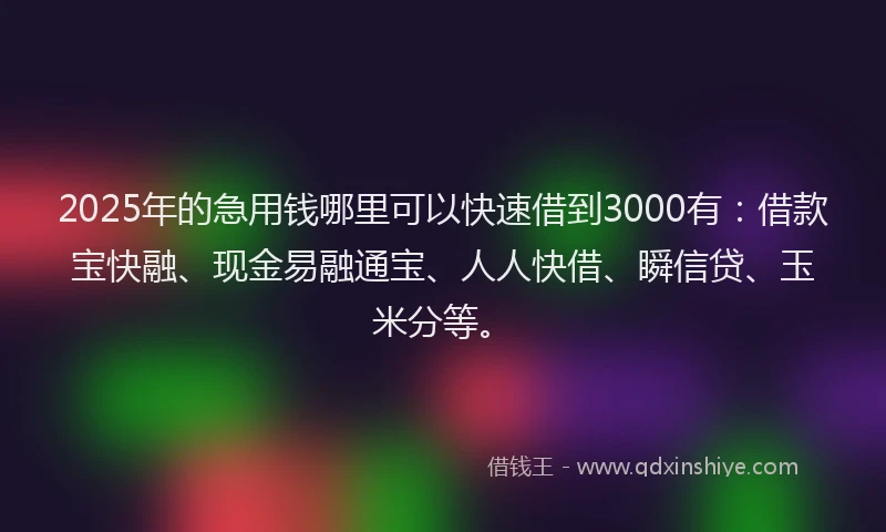 2025年的急用钱哪里可以快速借到3000有：借款宝快融、现金易融通宝、人人快借、瞬信贷、玉米分等。