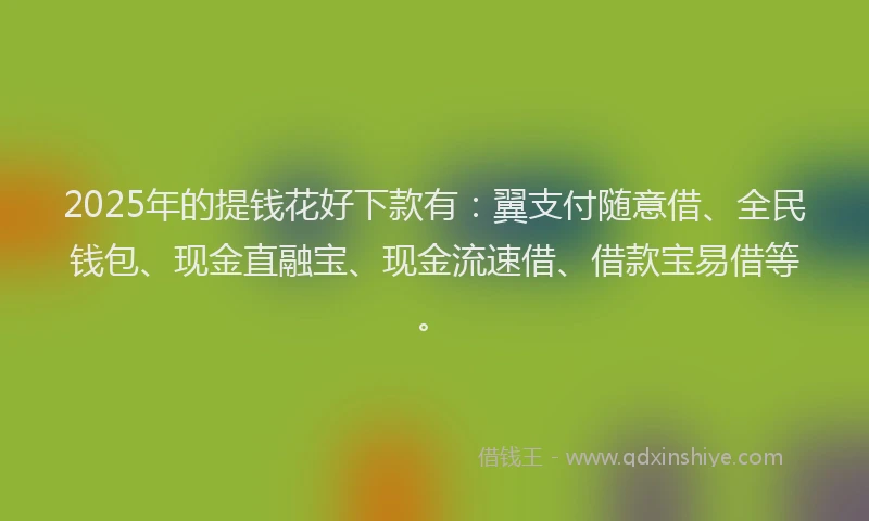2025年的提钱花好下款有：翼支付随意借、全民钱包、现金直融宝、现金流速借、借款宝易借等。