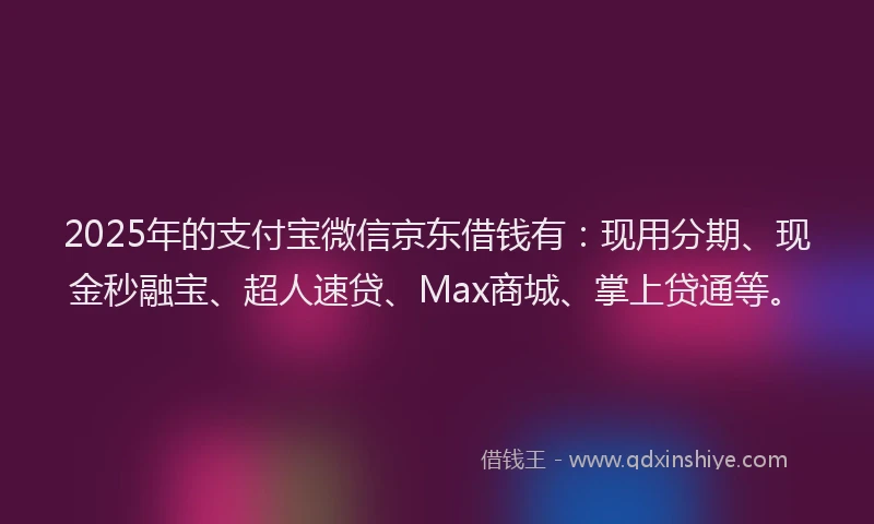 2025年的支付宝微信京东借钱有：现用分期、现金秒融宝、超人速贷、Max商城、掌上贷通等。