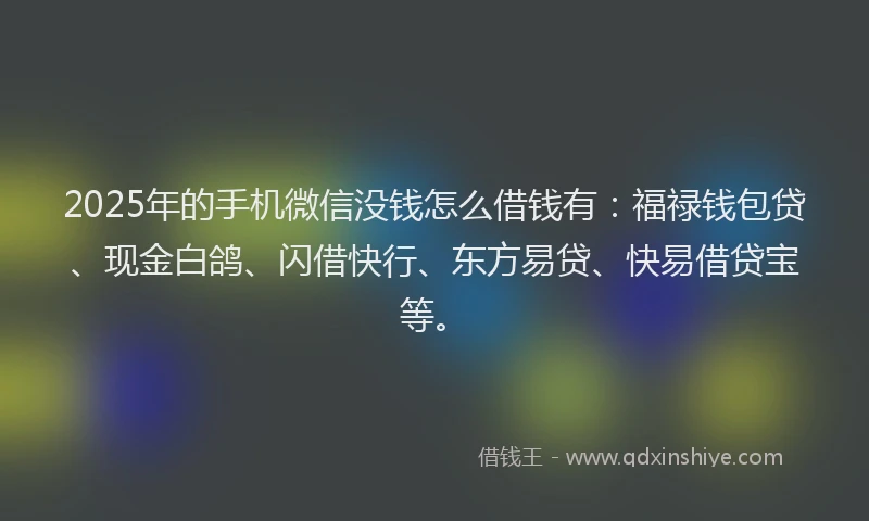 2025年的手机微信没钱怎么借钱有：福禄钱包贷、现金白鸽、闪借快行、东方易贷、快易借贷宝等。
