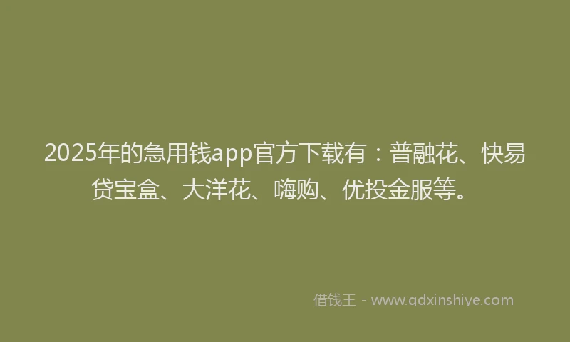 2025年的急用钱app官方下载有：普融花、快易贷宝盒、大洋花、嗨购、优投金服等。