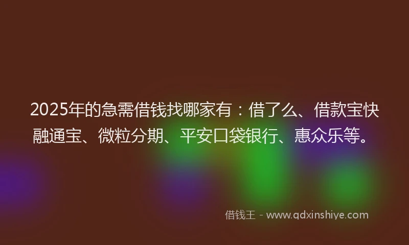 2025年的急需借钱找哪家有：借了么、借款宝快融通宝、微粒分期、平安口袋银行、惠众乐等。