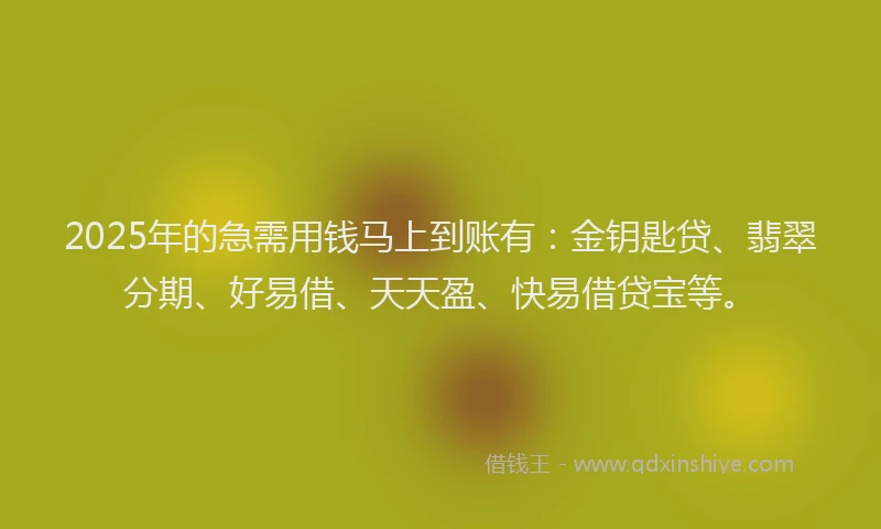 2025年的急需用钱马上到账有：金钥匙贷、翡翠分期、好易借、天天盈、快易借贷宝等。