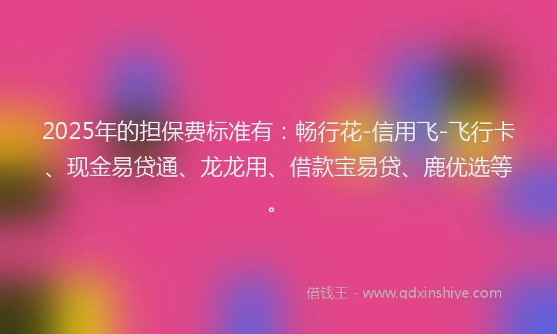 2025年的担保费标准有：畅行花-信用飞-飞行卡、现金易贷通、龙龙用、借款宝易贷、鹿优选等。
