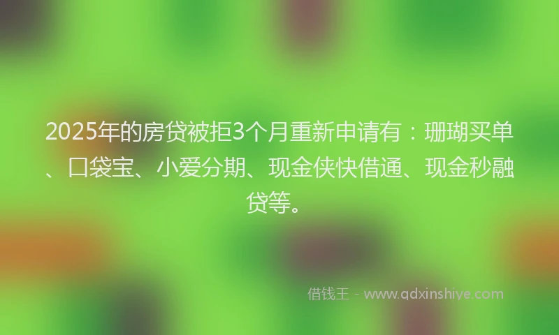 2025年的房贷被拒3个月重新申请有：珊瑚买单、口袋宝、小爱分期、现金侠快借通、现金秒融贷等。