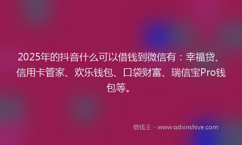 2025年的抖音什么可以借钱到微信有：幸福贷、信用卡管家、欢乐钱包、口袋财富、瑞信宝Pro钱包等。
