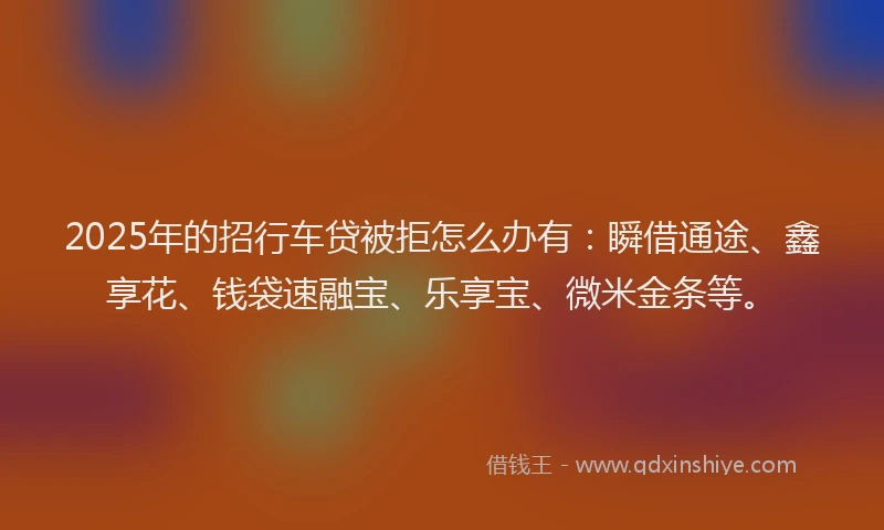 2025年的招行车贷被拒怎么办有：瞬借通途、鑫享花、钱袋速融宝、乐享宝、微米金条等。
