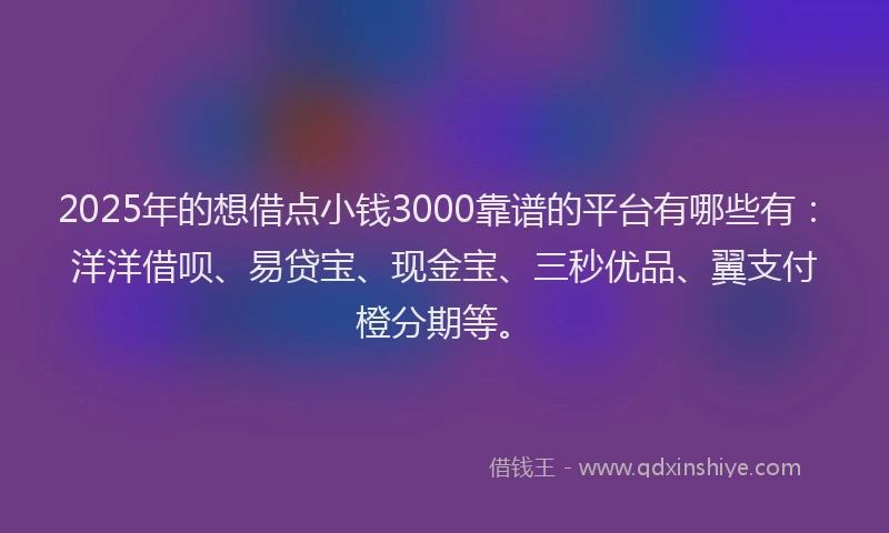 2025年的想借点小钱3000靠谱的平台有哪些有：洋洋借呗、易贷宝、现金宝、三秒优品、翼支付橙分期等。