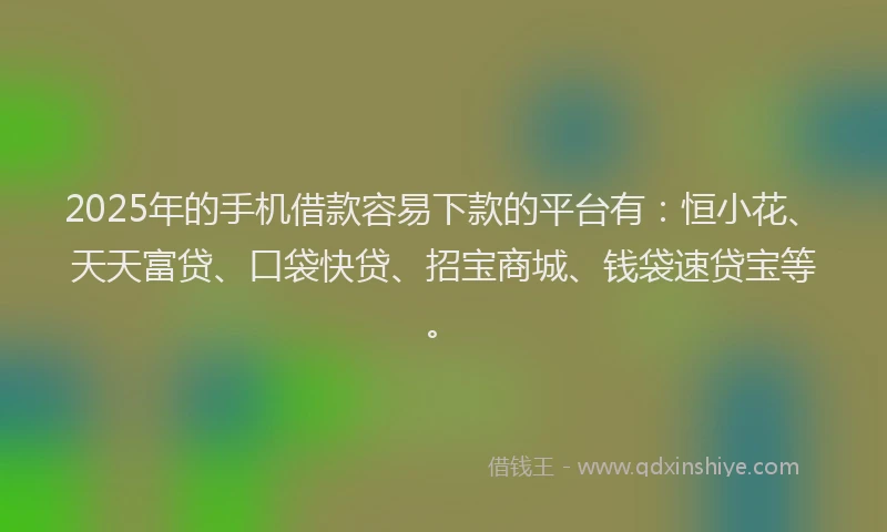 2025年的手机借款容易下款的平台有：恒小花、天天富贷、口袋快贷、招宝商城、钱袋速贷宝等。