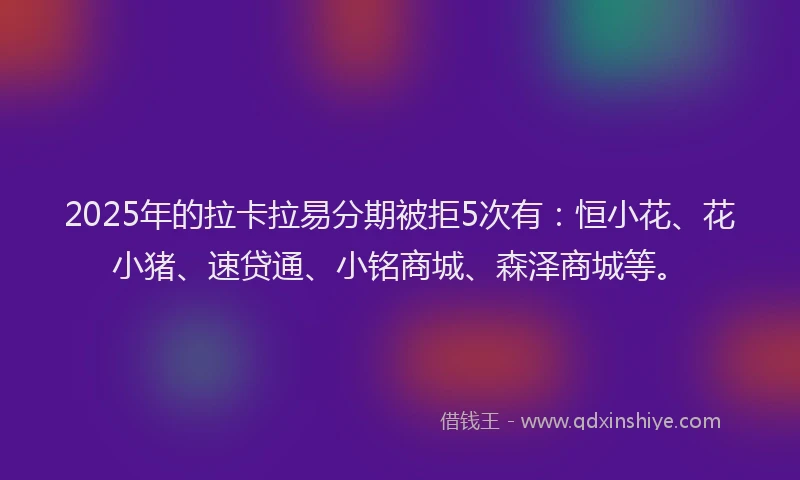 2025年的拉卡拉易分期被拒5次有：恒小花、花小猪、速贷通、小铭商城、森泽商城等。