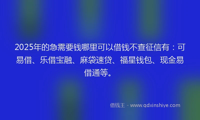 2025年的急需要钱哪里可以借钱不查征信有：可易借、乐借宝融、麻袋速贷、福星钱包、现金易借通等。