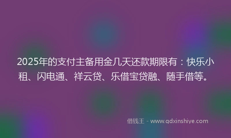 2025年的支付主备用金几天还款期限有：快乐小租、闪电通、祥云贷、乐借宝贷融、随手借等。