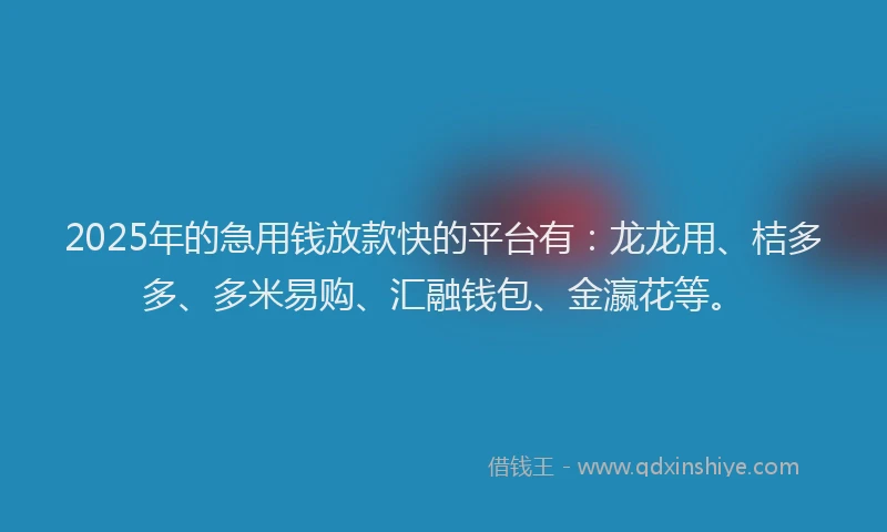 2025年的急用钱放款快的平台有：龙龙用、桔多多、多米易购、汇融钱包、金瀛花等。