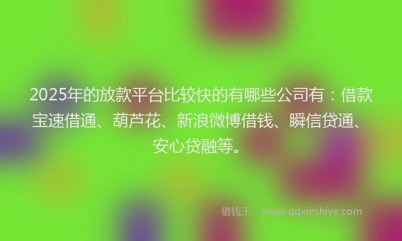 2025年的放款平台比较快的有哪些公司有：借款宝速借通、葫芦花、新浪微博借钱、瞬信贷通、安心贷融等。