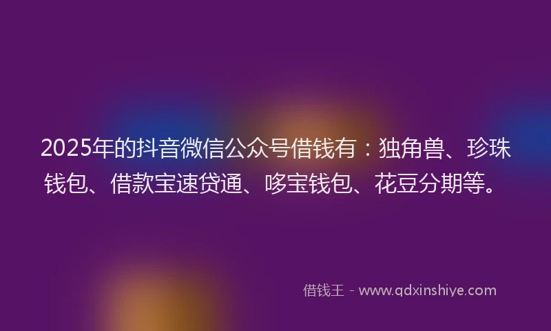 2025年的抖音微信公众号借钱有：独角兽、珍珠钱包、借款宝速贷通、哆宝钱包、花豆分期等。