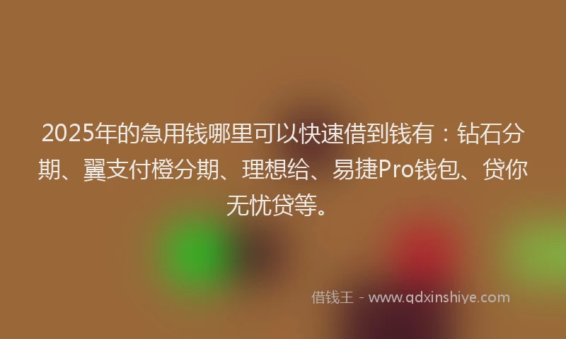 2025年的急用钱哪里可以快速借到钱有：钻石分期、翼支付橙分期、理想给、易捷Pro钱包、贷你无忧贷等。