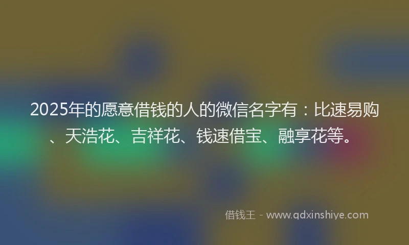 2025年的愿意借钱的人的微信名字有：比速易购、天浩花、吉祥花、钱速借宝、融享花等。