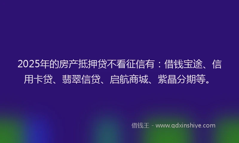 2025年的房产抵押贷不看征信有：借钱宝途、信用卡贷、翡翠信贷、启航商城、紫晶分期等。