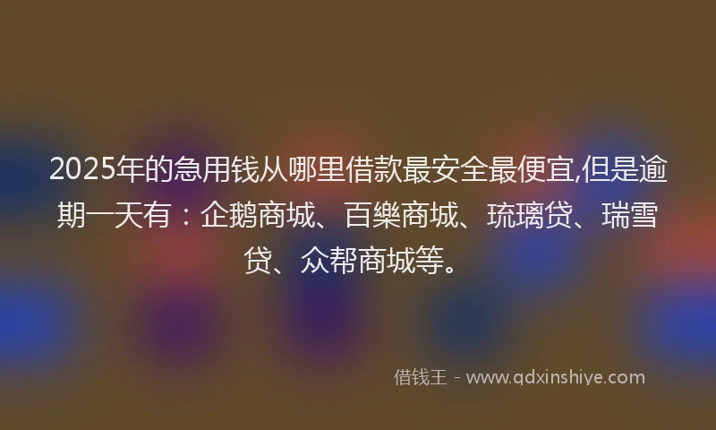 2025年的急用钱从哪里借款最安全最便宜,但是逾期一天有：企鹅商城、百樂商城、琉璃贷、瑞雪贷、众帮商城等。