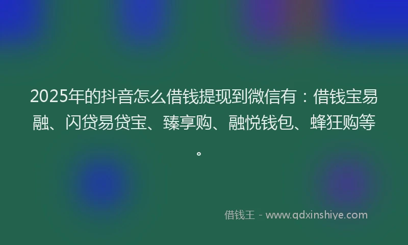 2025年的抖音怎么借钱提现到微信有：借钱宝易融、闪贷易贷宝、臻享购、融悦钱包、蜂狂购等。