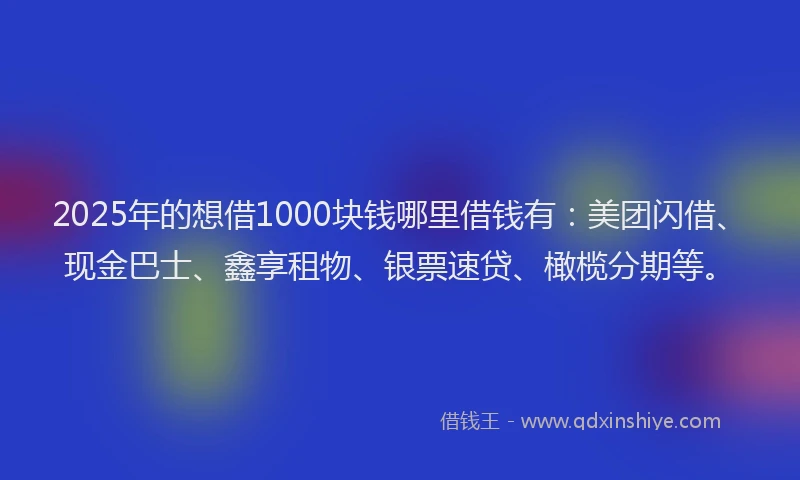 2025年的想借1000块钱哪里借钱有：美团闪借、现金巴士、鑫享租物、银票速贷、橄榄分期等。