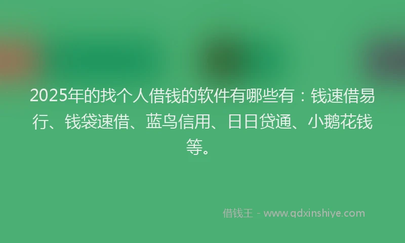 2025年的找个人借钱的软件有哪些有：钱速借易行、钱袋速借、蓝鸟信用、日日贷通、小鹅花钱等。